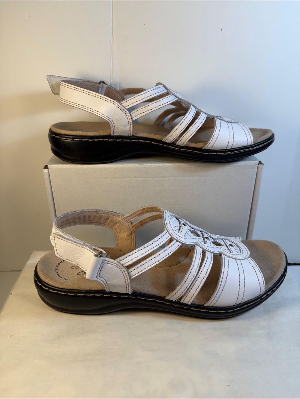 Clarks White Leather Slingback Sandals with Black Sole